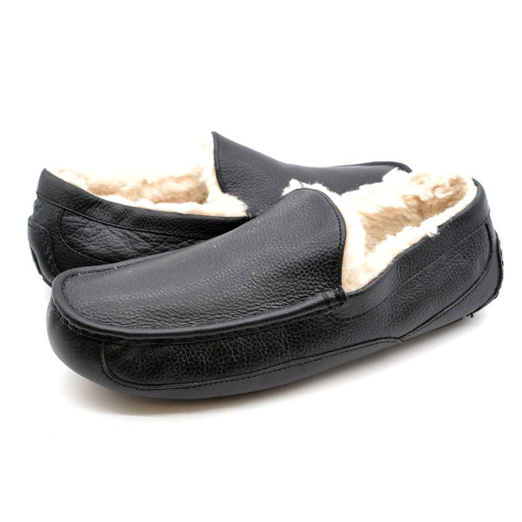 UGG Shoes Ugg Ascot Mens 3 Slipper Black Leather Shearling Lined